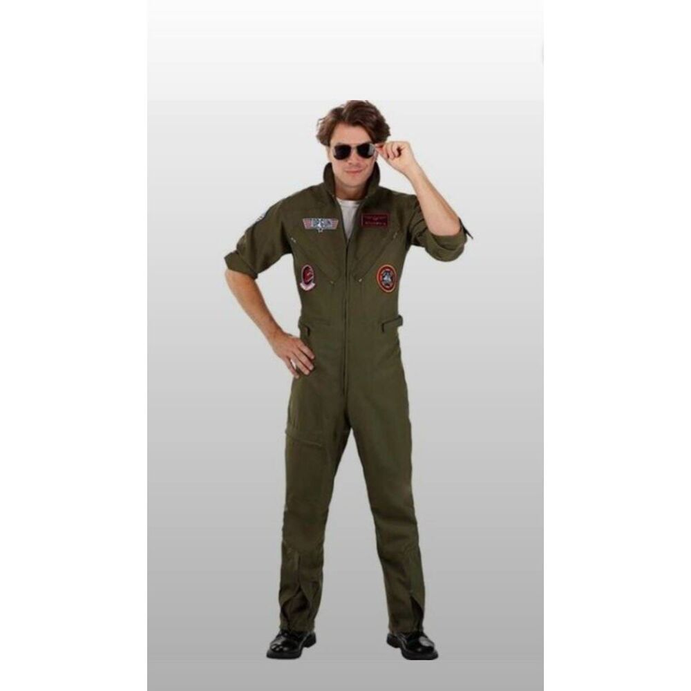 Unisex Top Gun Flight Suit Costume Olive Green Pilot Jumpsuit w/ Patches, NWOT